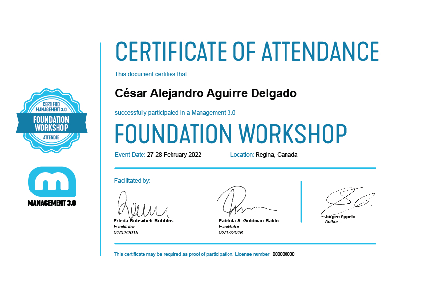 Certificate of Attendance: Management 3.0 Foundation Workshop